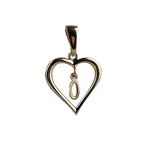 9ct Gold 18x18mm heart Pendant with a hanging Initial O
