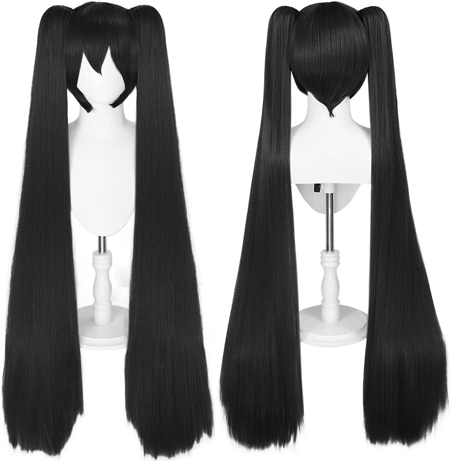 Black Wig with Double Ponytails for Women Long Straight Synthetic Hair