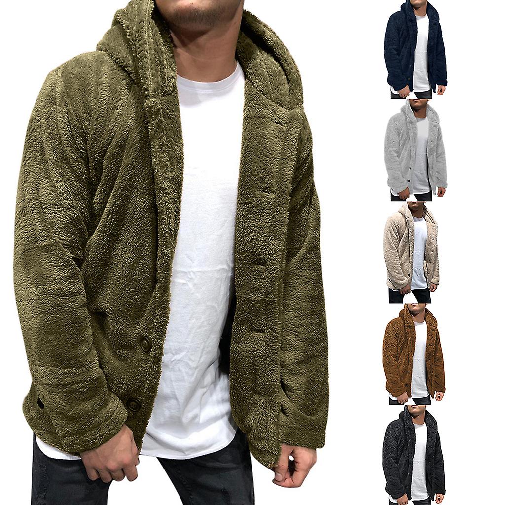 Mens Autumn Winter Hooded Solid Colour Fleece Jacket