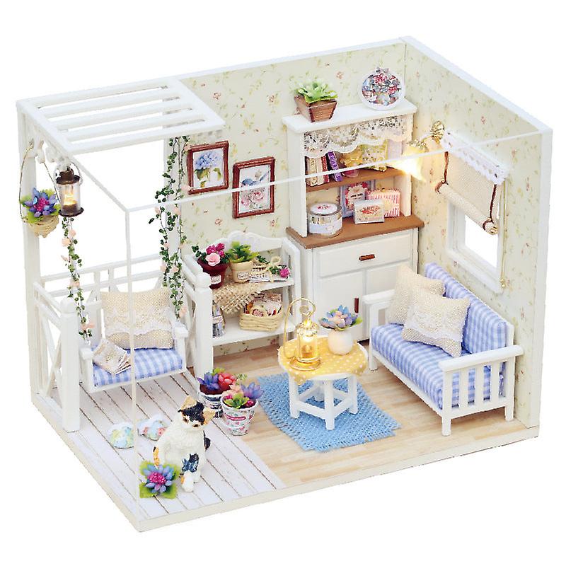 Wooden Dollhouse Miniature Diy House Kit With Lid And Led Lamp Cat Diary