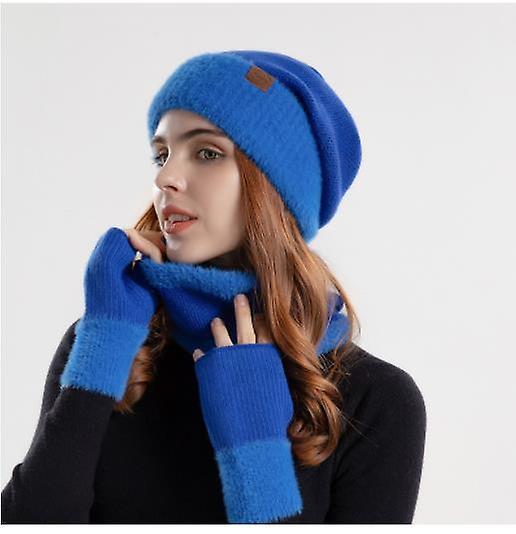 المرأة في فصل الشتاء جديدة عالية الجودة أفخم محبوك قبعة المرأة الباردة واقية الدافئة البلوفر قبعة مريلة قفازات ثلاث قطع مجموعة أزياء بلون بارد قبعة باردة