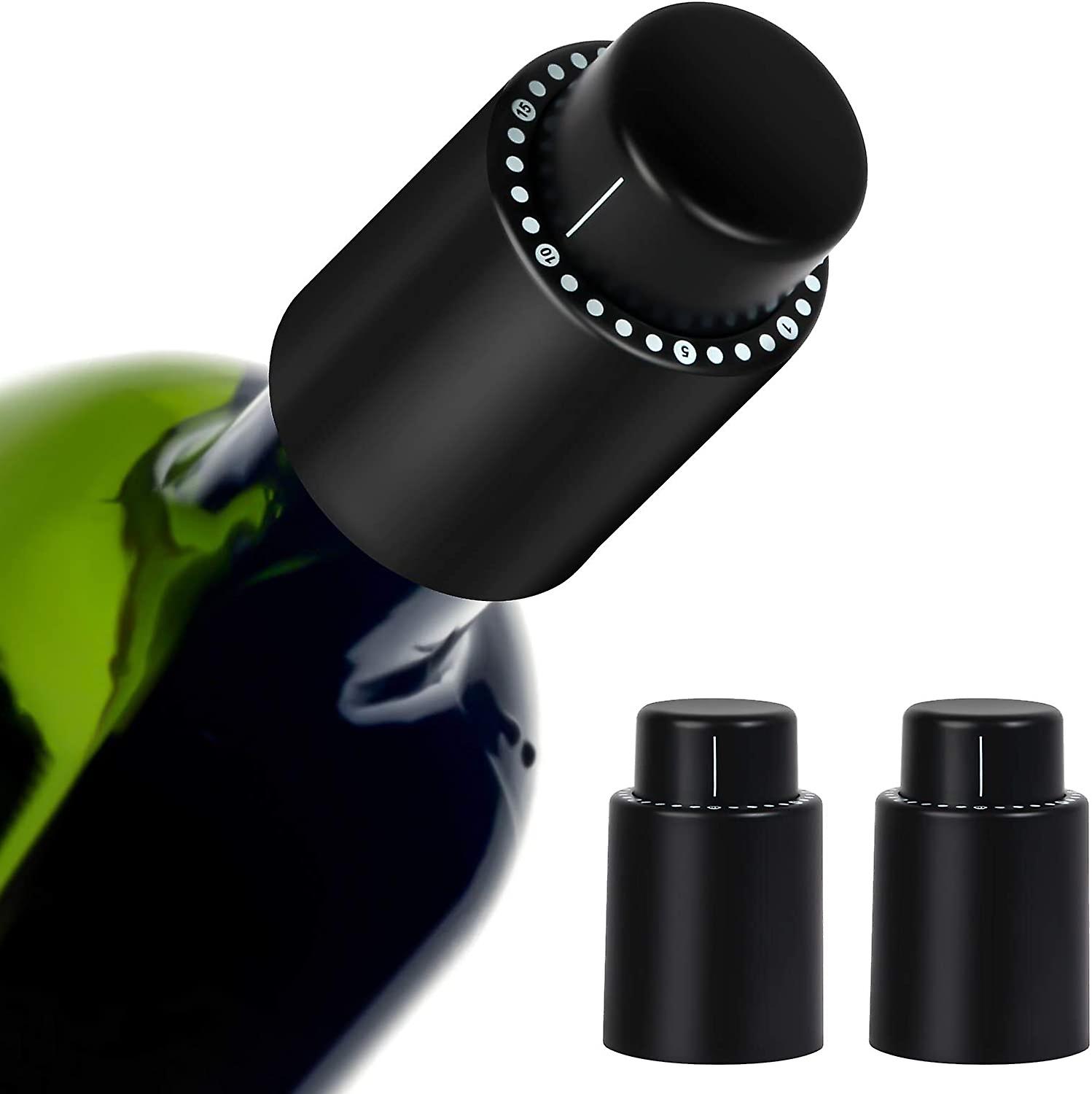 Wine Bottle Stoppers,Real Vacuum Champagne Stoppers,Reusable Wine Preserver,Wine Corks Keep Fresh with Time Scale Record,Black (2 PACK)