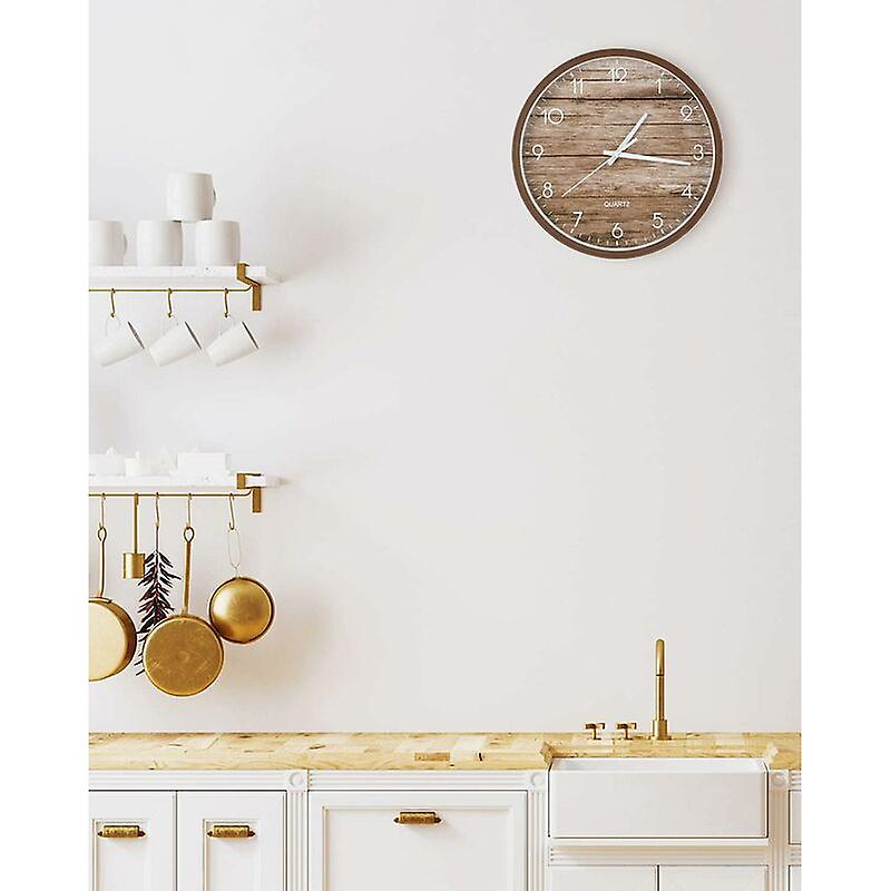 Vintage Wood Color Wall Clock, Silent Battery Operated Quartz Clock