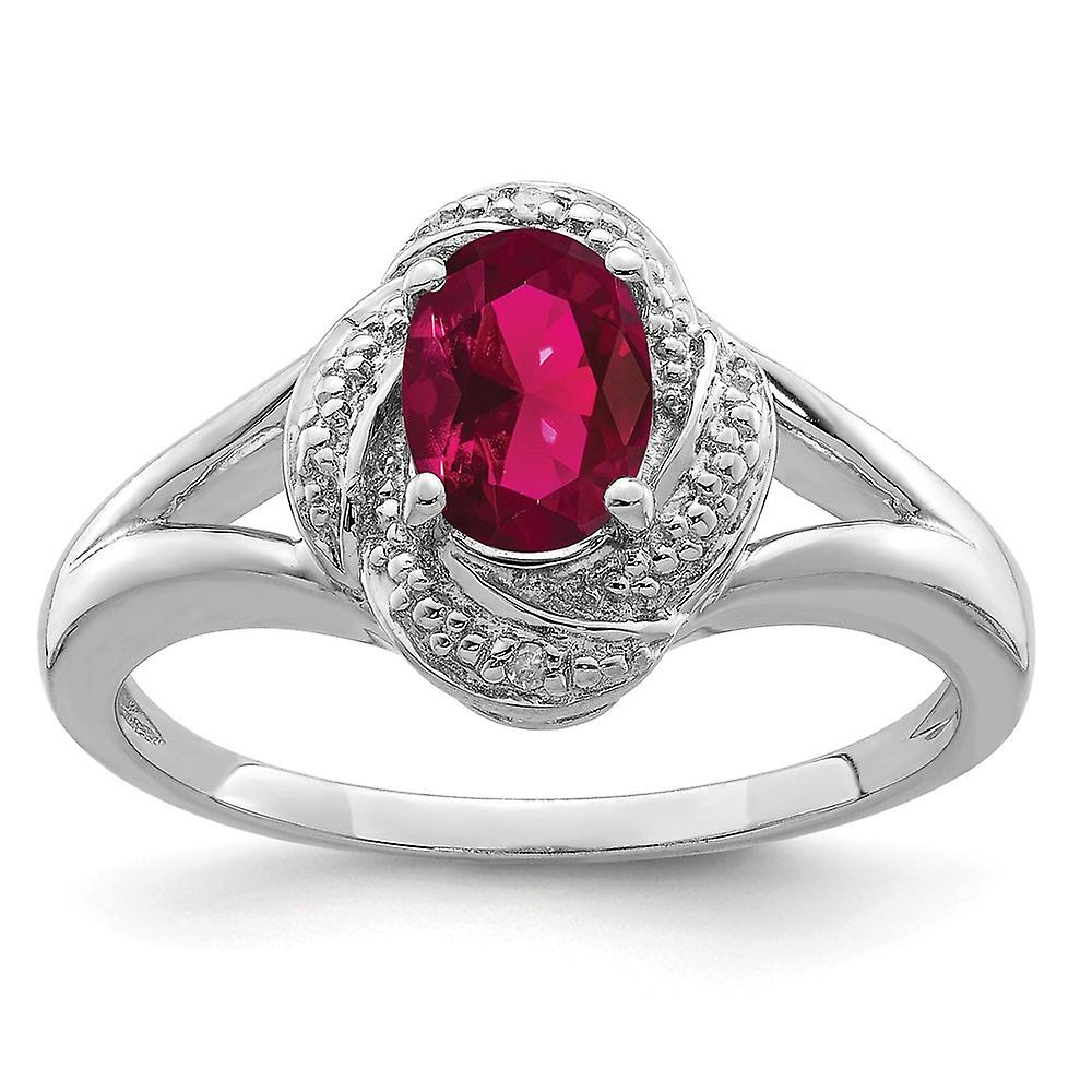 925 Sterling Silver Oval Polished Diamond and Created Ruby Ring 2mm Wide-Ring for Women - Ring Size: 5 to 10