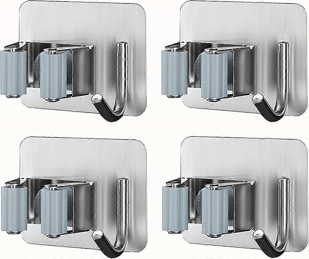 4-pack wall-mounted broom holder with stainless steel hooks