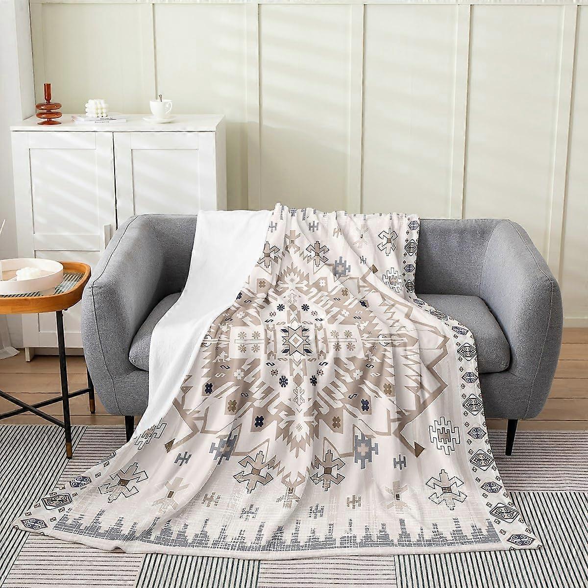 Tribal Pattern Blanket Twin 60x80 ιντσών Exotic Geometric Lattice Throw Blanket Boho Blue Grey Square Grid Fleece Blanket Retro Bohemian Room Decor Nati