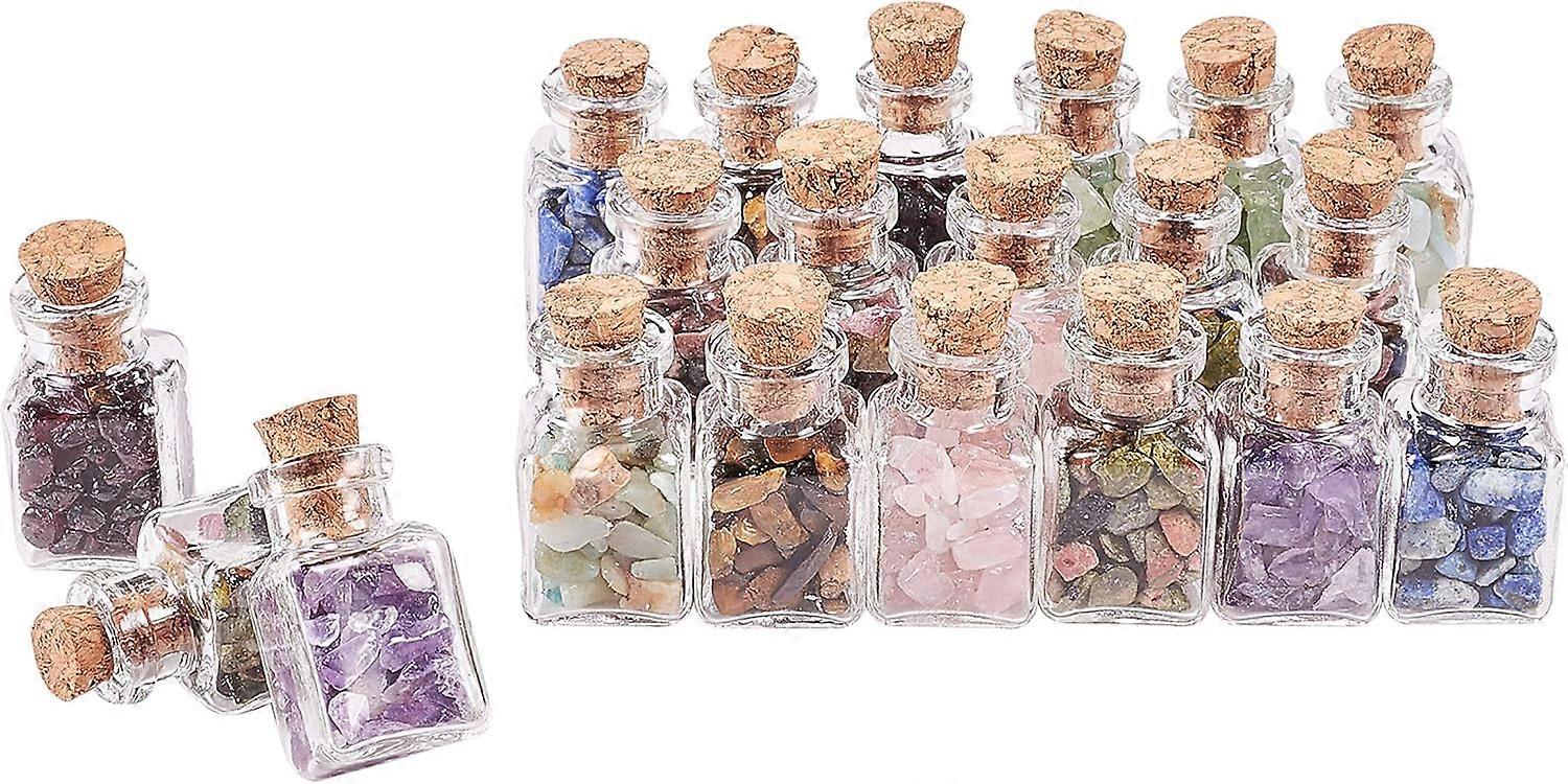 Mini Crystal Chips Bottles 30pcs 10 Styles Natural Tumbled Crushed Stone Chips Undrilled Chakra Loose Beads with 29x14mm Square Glass Bottle for Home