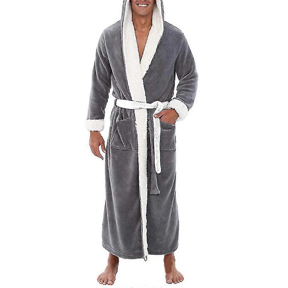 Men Long Hooded Bathrobe Dressing Gown Soft Nightgown Sleepwear