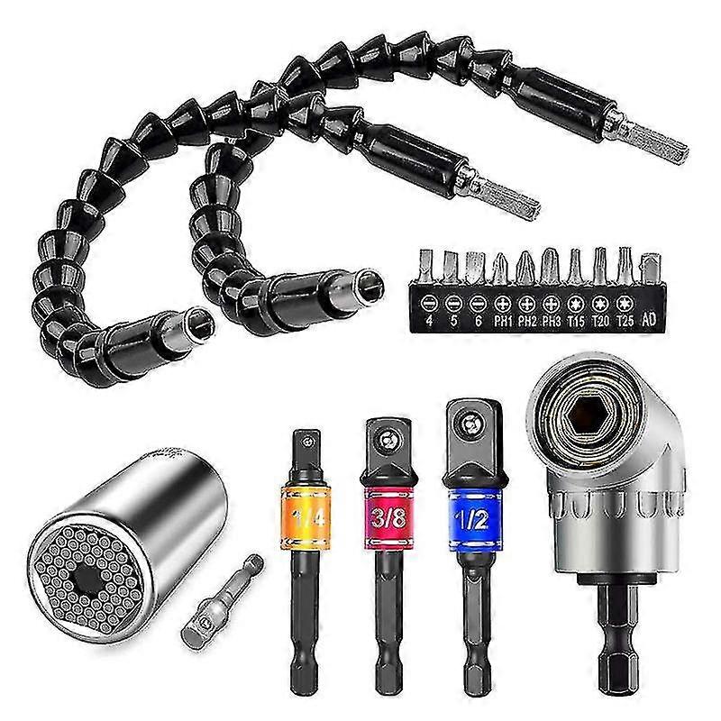 17Pcs Universal Socket Wrench Tool and Flexible Drill Bit Extension Set Bendable Universal Socket A