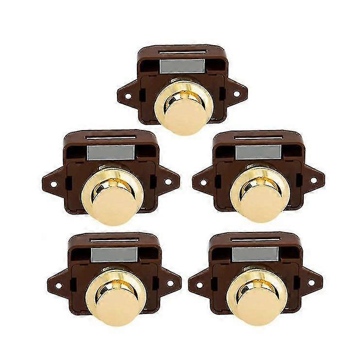 5pcs keyless push button catch door knob lock for rv caravan cabinet boat motor home cupboard, brown gold starlight