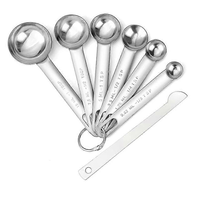 Stainless Steel Measuring Spoons Cups Set, Small Tablespoon, Teaspoons, Set 6 with Bonus Leveler, f