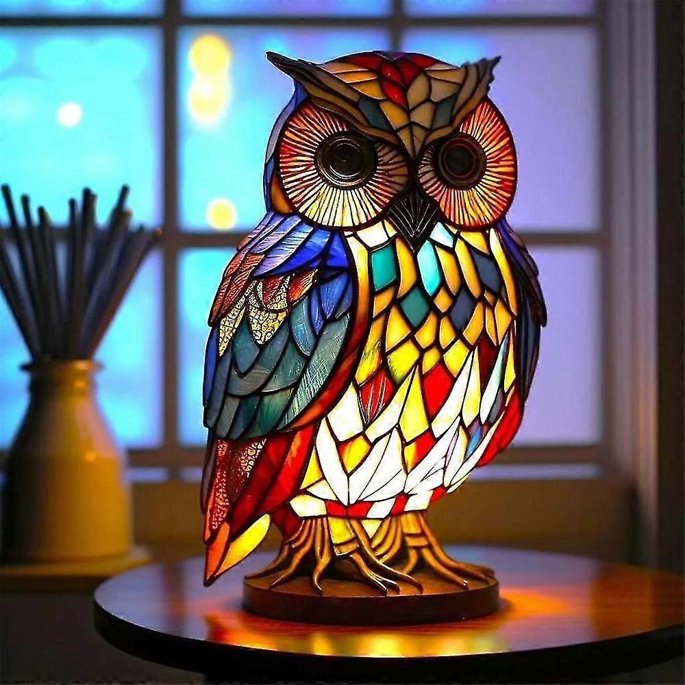 Lampada da tavolo animale Vetro colorato Luce notturna macchiata Lampade da scrivania retrò Regalo di Natale 2024 owl