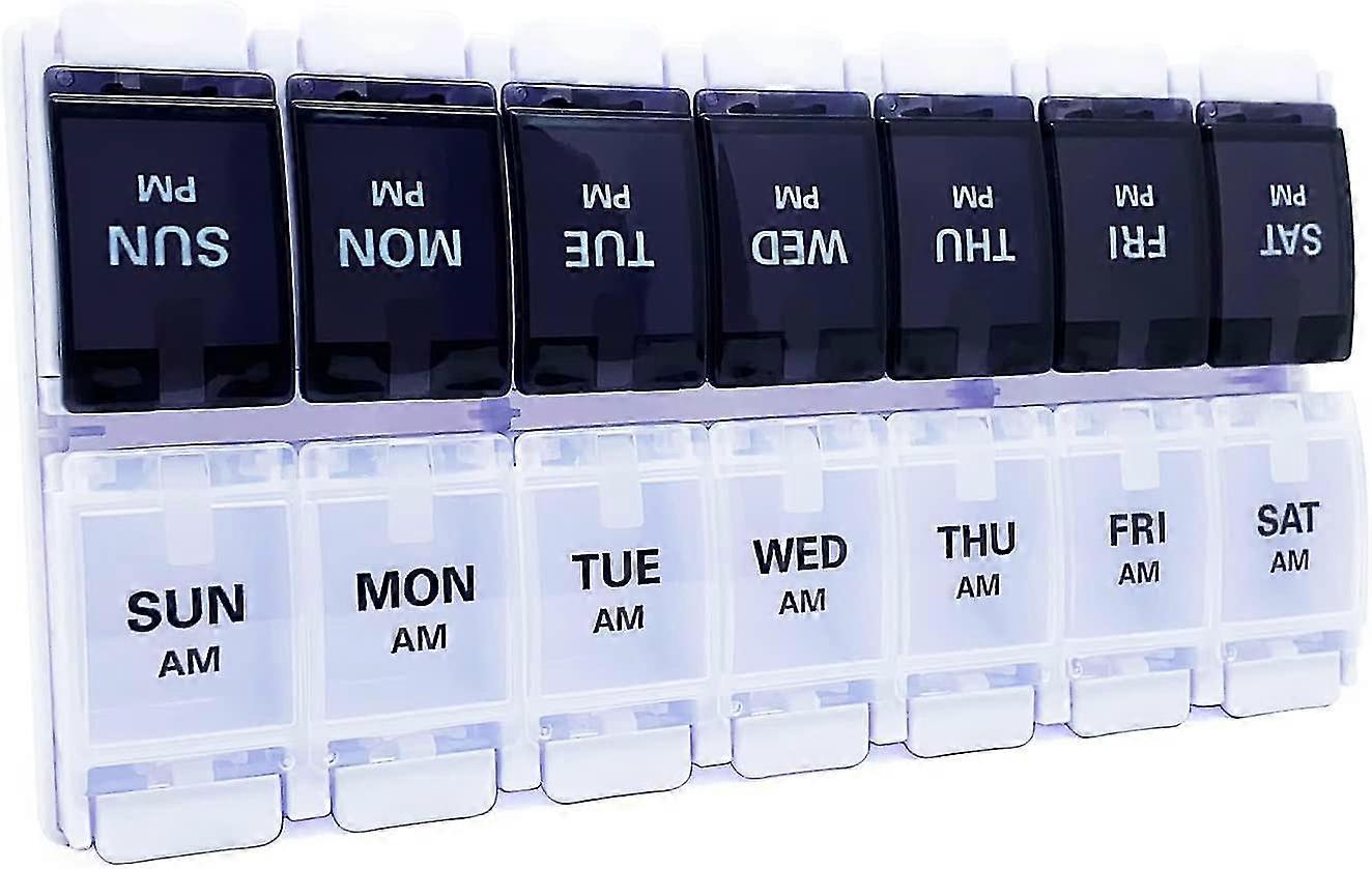 Weekly (7-day) Am/pm Pill Organizer, Vitamin And Medicine Box, Large Push Button Compartments, 2 Times A Day, Rainbow Lids