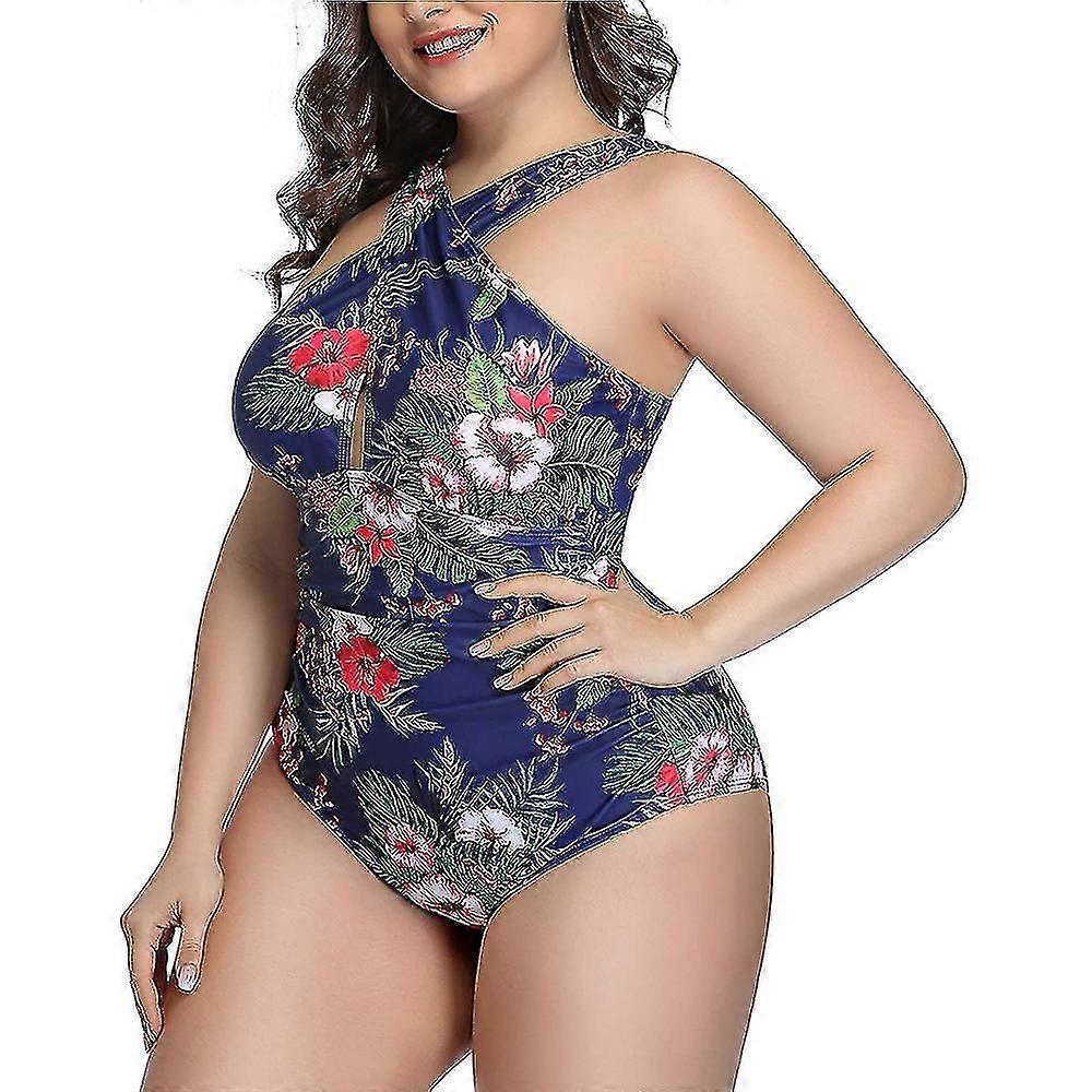 Kvinnors Front Cross Plus Size OnePiece Baddräkter Magkontroll Badkläder-Blå BlommigL DFA1637