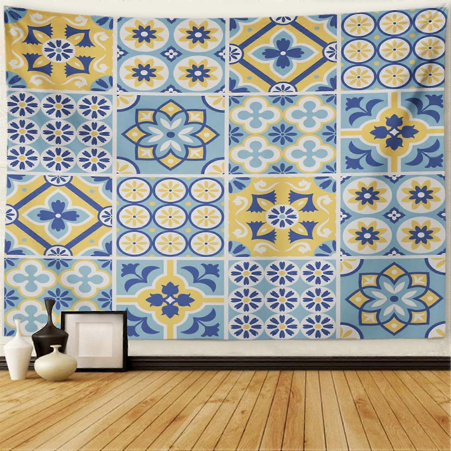 نسيج حائط مغربي مزخرف أزرق أصفر بلاط زهرة إسبانية كرر مجردة نسيج أرابيسك حائط معلق ديكور حائط نسيج لغرفة نوم Livi