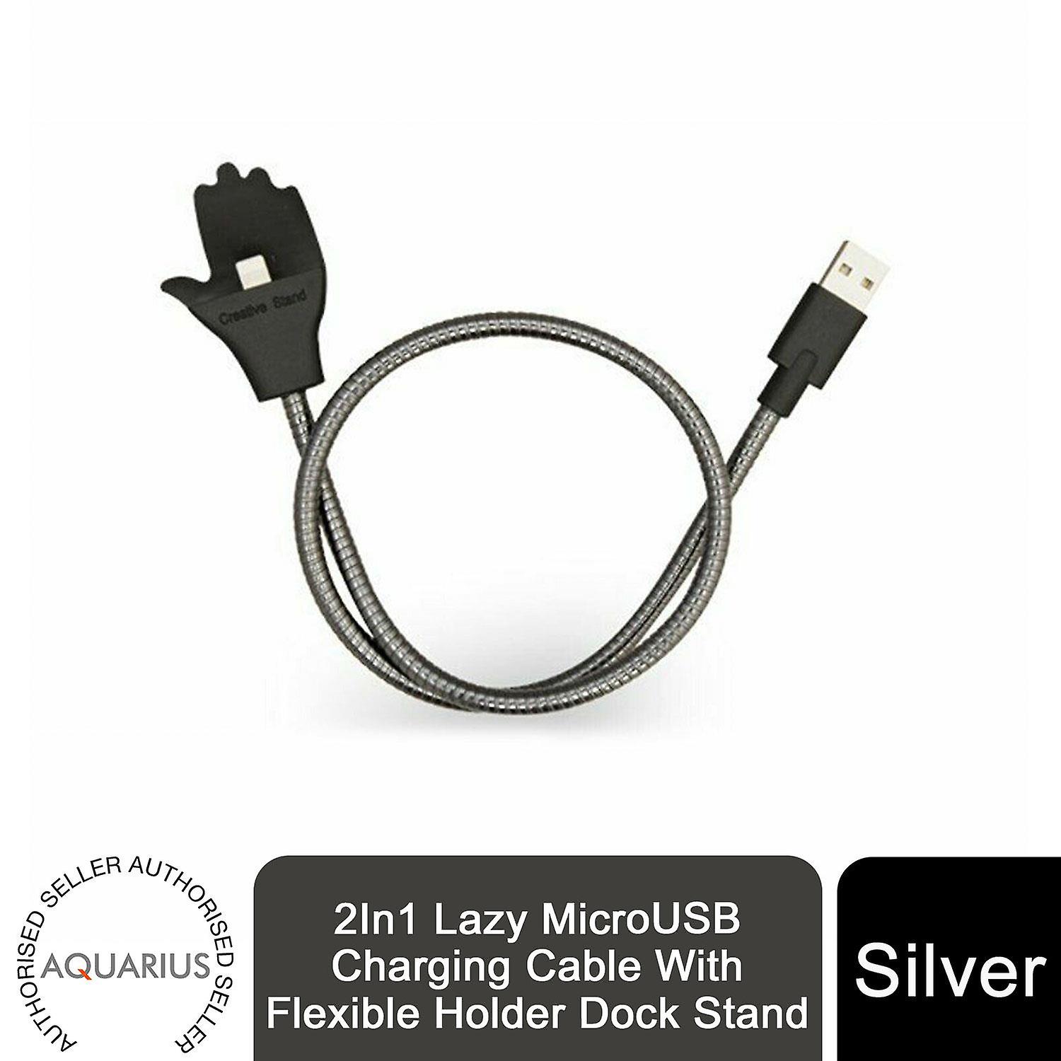 Aquarius 2In1 Lazy MicroUSB Charging Cable With FlexibleHolder DockStand, Silver