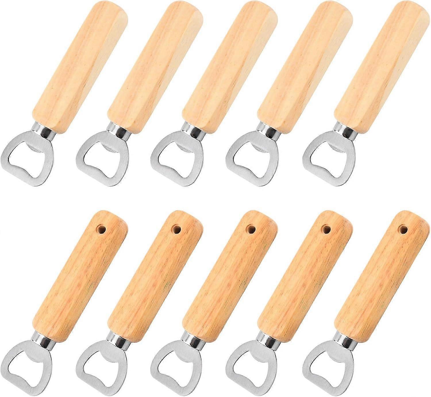 10PCS Wooden Handle Stainless Bottle Opener Add with Hole Handle Stainless Corkscrew Bottle Opener Portable Durable Natural Wood