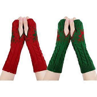 Winter Fingerless Gloves - Women Arm Warmer Gloves Knit Crochet Wrist Gloves Thumb Hole Gloves Half Knitted Warm Weave GlovesGreen+Red