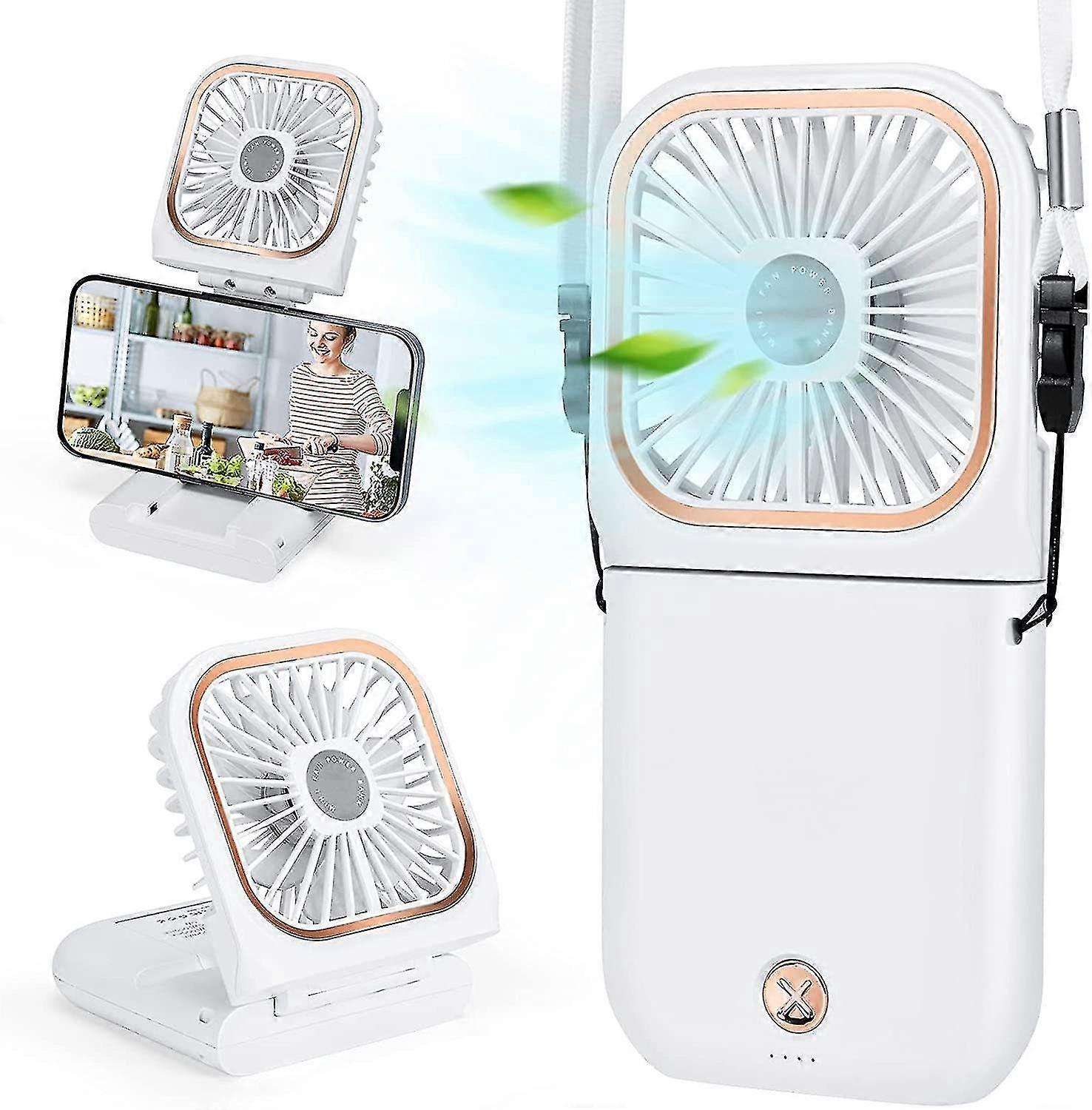 Portable Fan,mini Usb Desk Fan Phone Holder Rechargeable With Power Bank Wearable Personal Fan 3 Speeds Foldable Design For Office Kitchen Household O