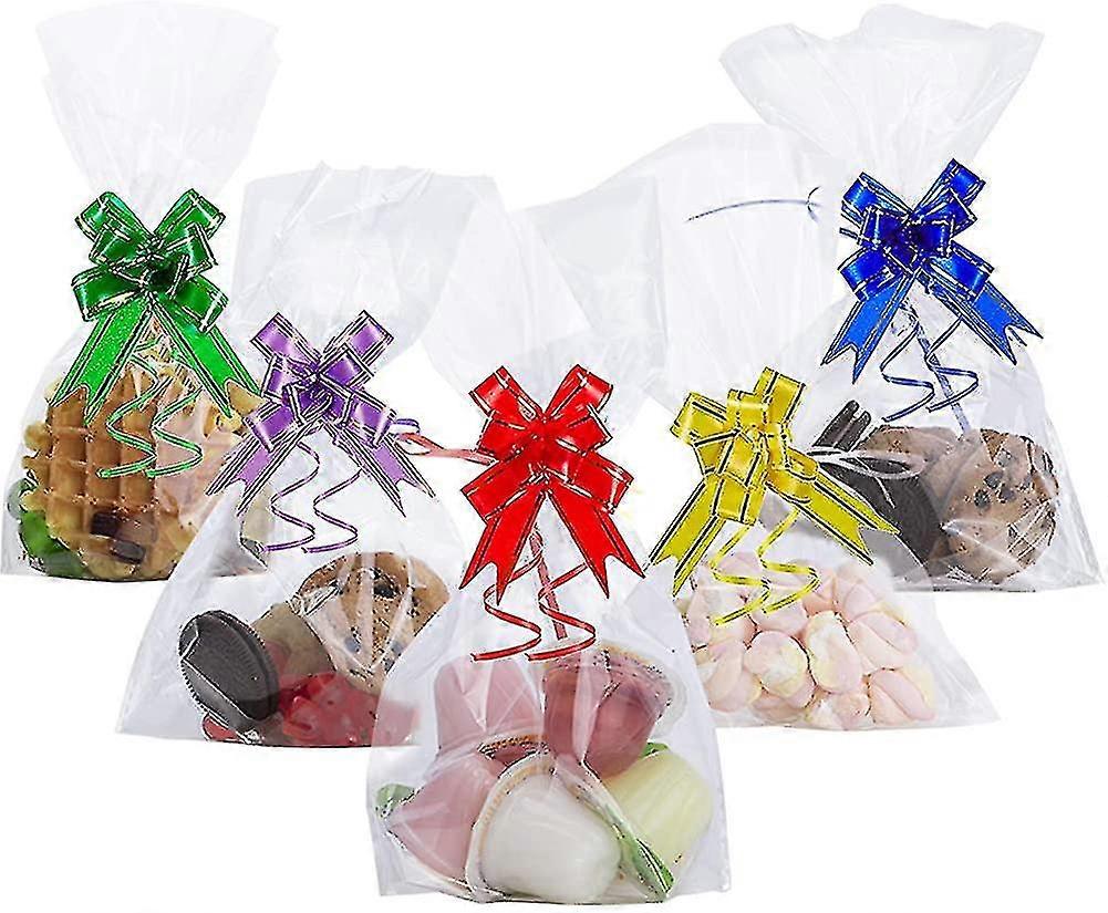 50 Pieces Clear Cellophane Candy Bags With Mixed Color Bows, Resealable Bags Opp