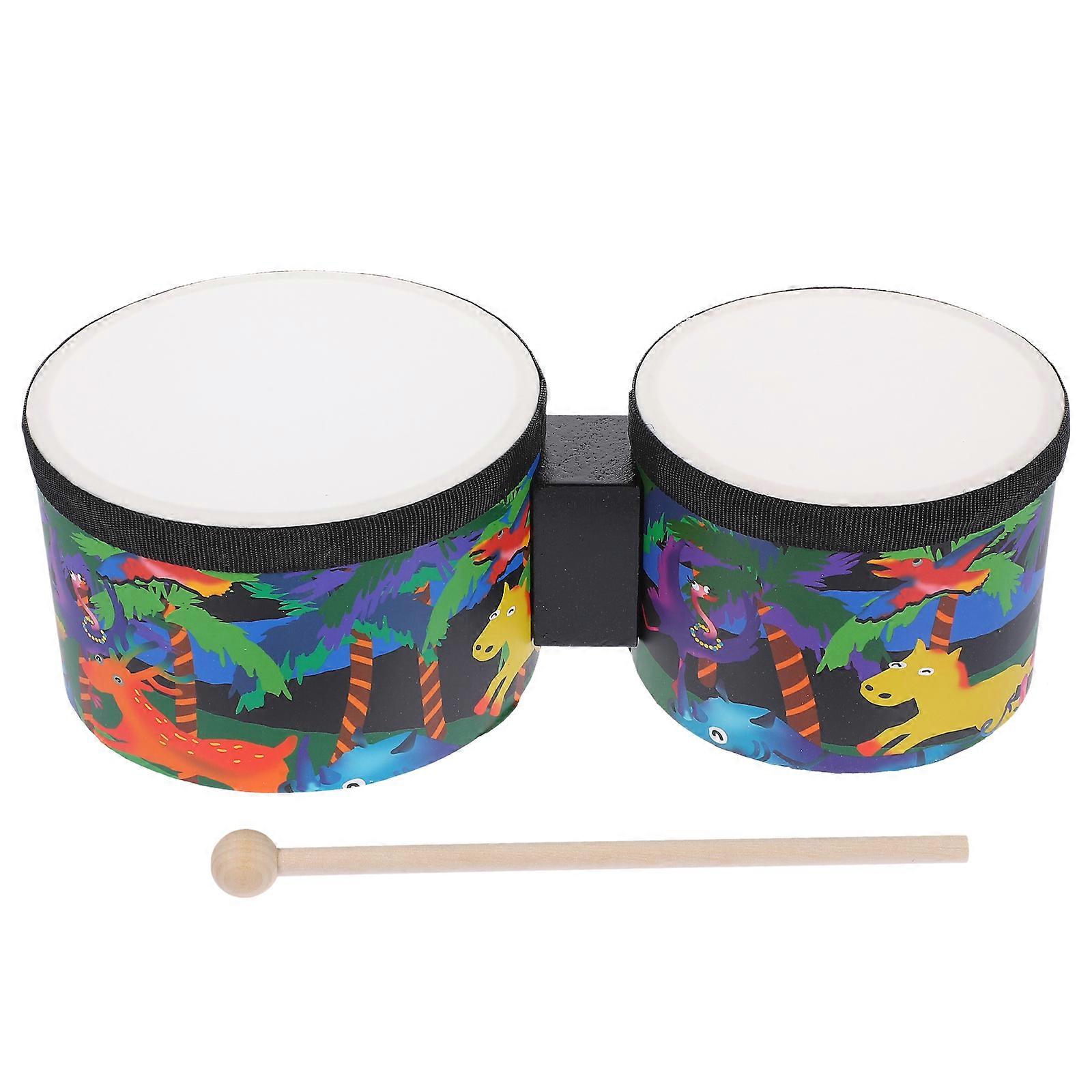 1 Set of Bongo Drum Cartoon Printing Bongo Drum Instruments Percussion Instrument with Drumstick