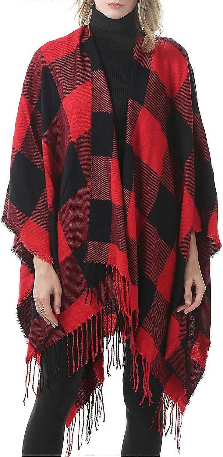 Women's Warm Shawl Wrap Open Front Poncho Cape Color Block Shawls Winter Cardigan Wrap Printed Ponchos for Women