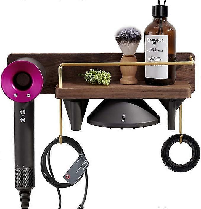 Staffa per montaggio a parete per asciugacapelli Dyson, accessori per asciugacapelli e portaoggetti per accessori, noce nero, portaoggetti per asci...
