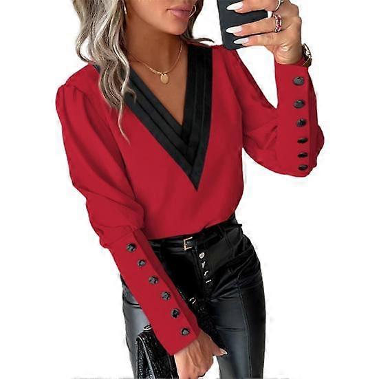 Color Large Size Neck Soft Button Decor V Long Sleeve Contrast Patchwork Pullover OL Commute Style Top