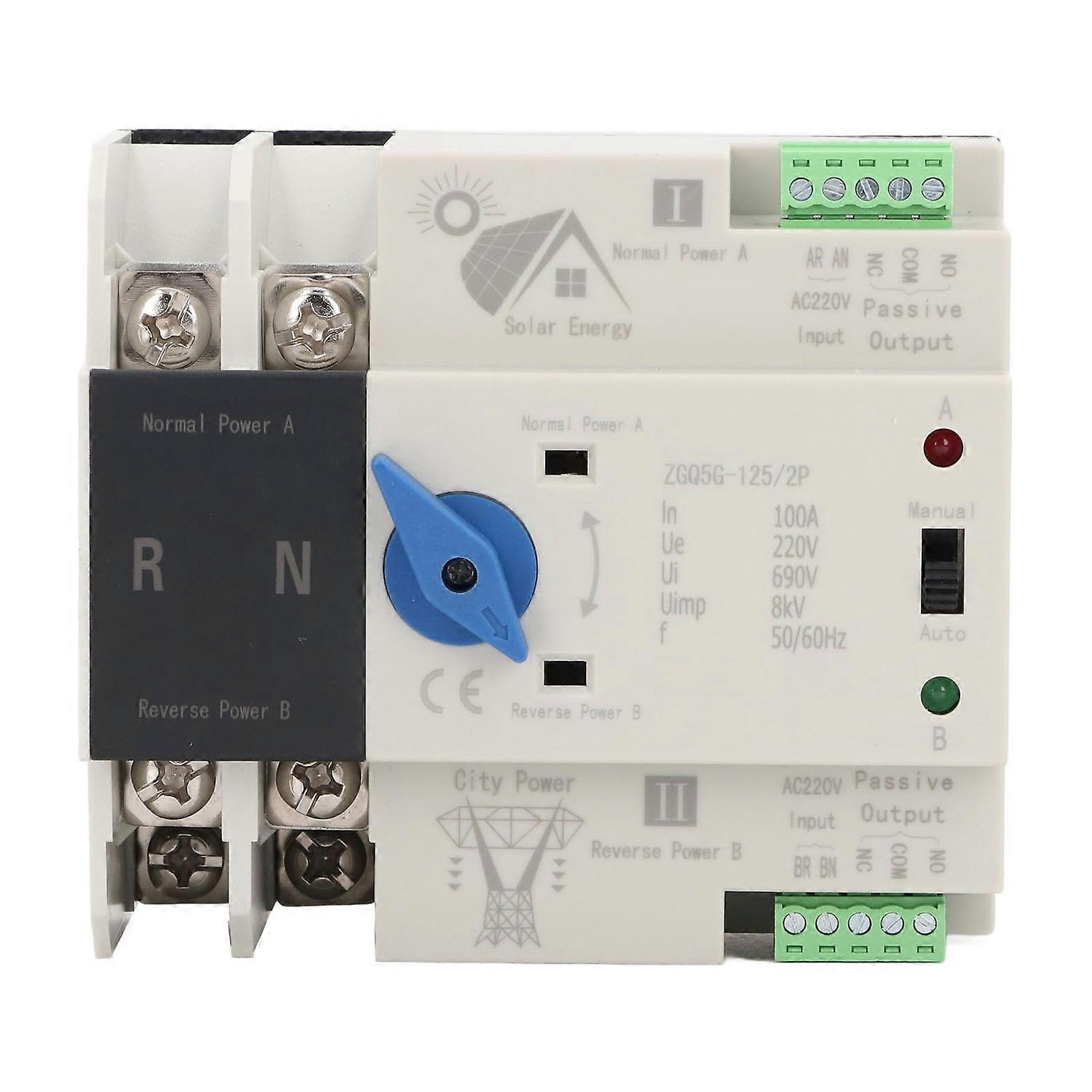 Dual Power Automatic Transfer Switch 2P 100A Solar Isolation Fast Switching Controller 220V