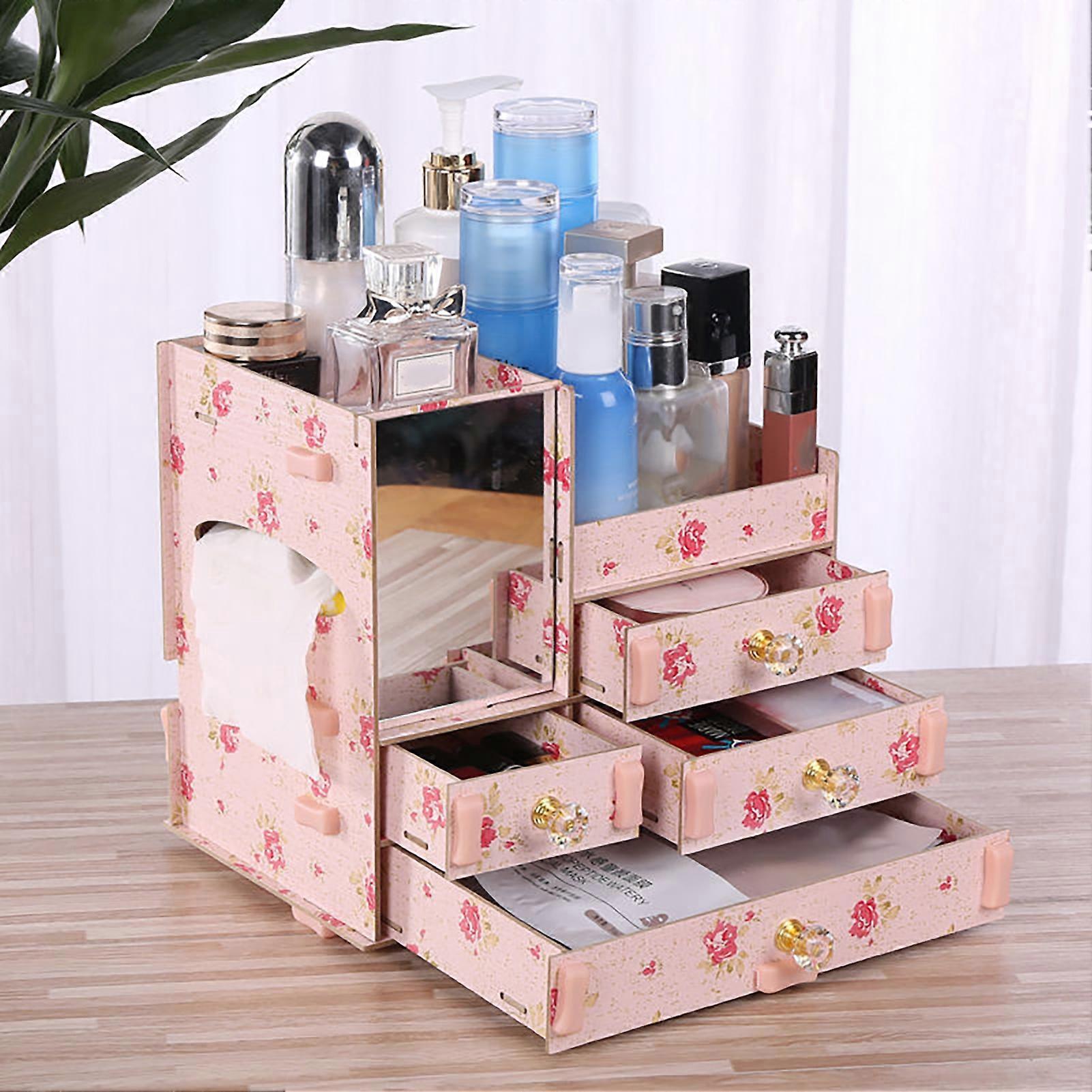 Makeup Storage Box Four Draw Design Large Capacity Beautiful Cosmetic Storage Case Display for Dressing Table DesktopCamellia
