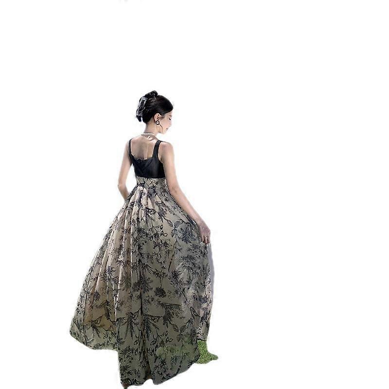Summer Women's Patchwork Ink Print Vintage Halter Long Dresses