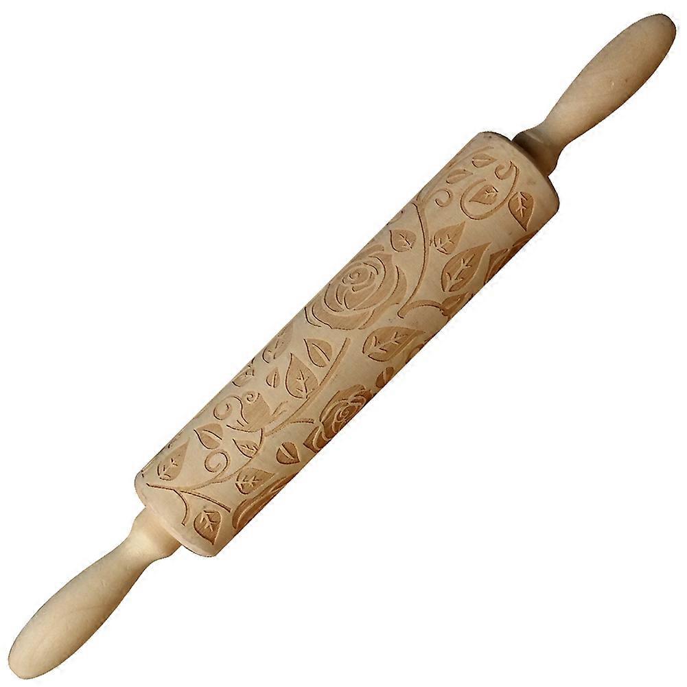 Kitchen Rolling Pin Bread Cookie Dough Roller with Rose Carving