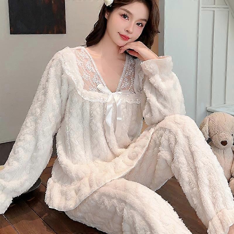 New Style Senior Sense Princess Wind Pajamas Women's Coral Flannel Winter Two-piece Set Cashmere Thickened Suit