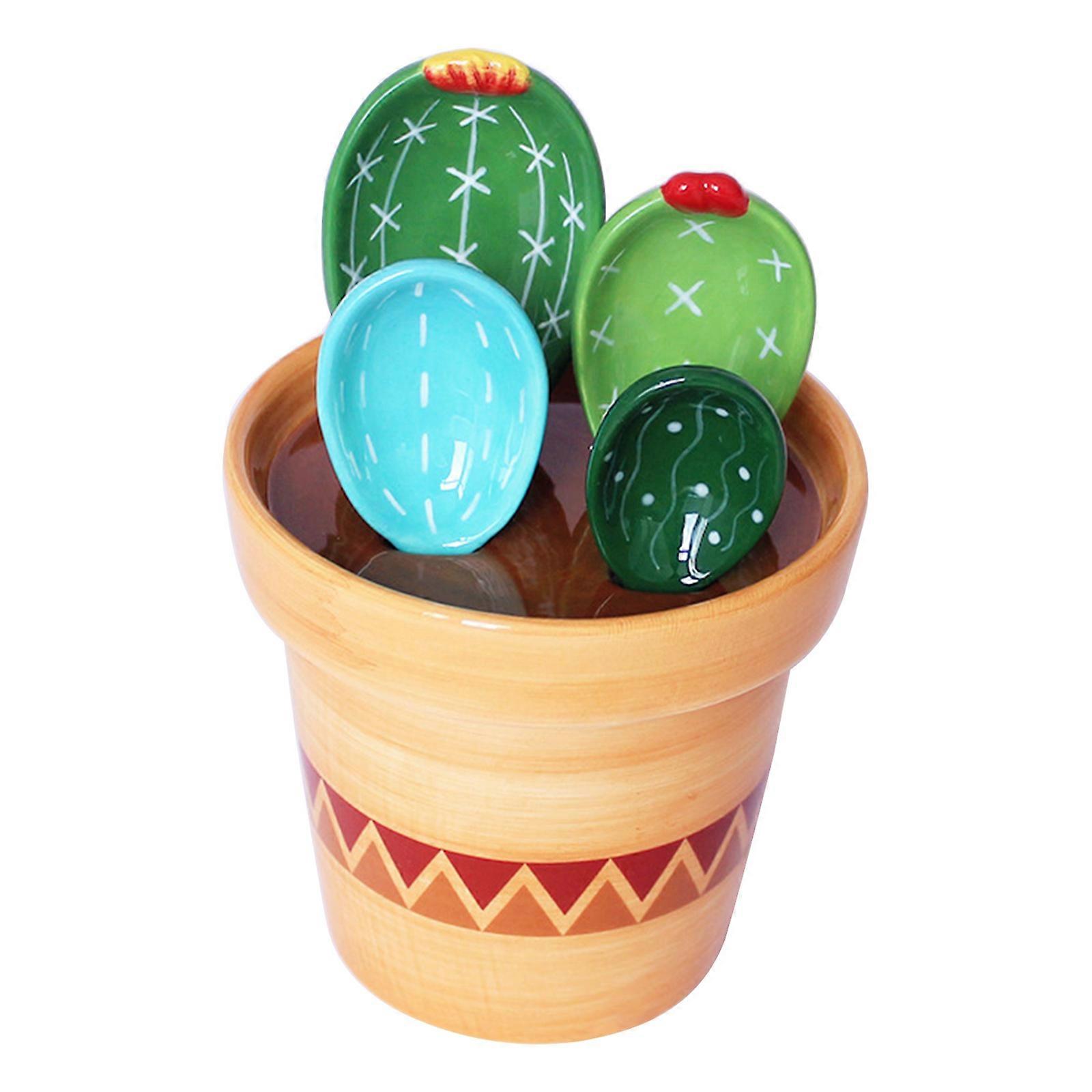 Ceramic Cactus Measuring Spoons with Holder Set Baking Measuring Spoons for Home Kitchen Cooking Baking Sugar Salt