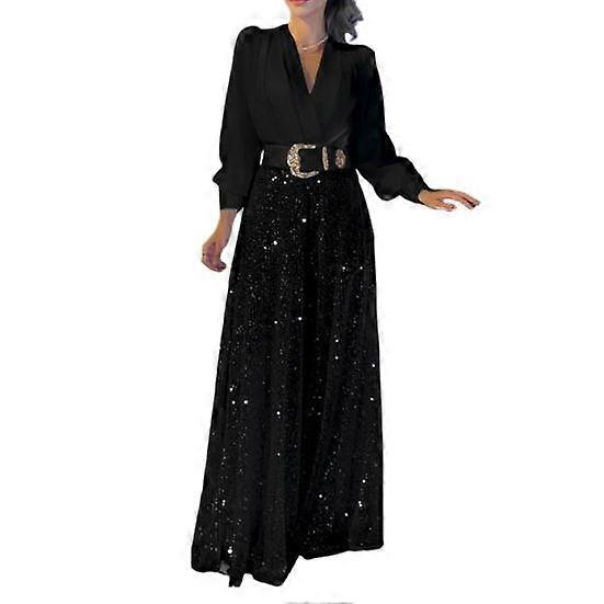 Women V Neck Jumpsuit with Belt Sequin Wide Leg Deep Crotch Slim Waist Long Sleeves Formal Occasion Prom