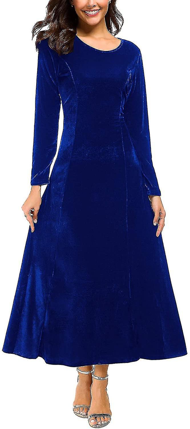 Damen Samtkleid Elegant, Rundhalsausschnitt Langarm Massives blaues Kleid