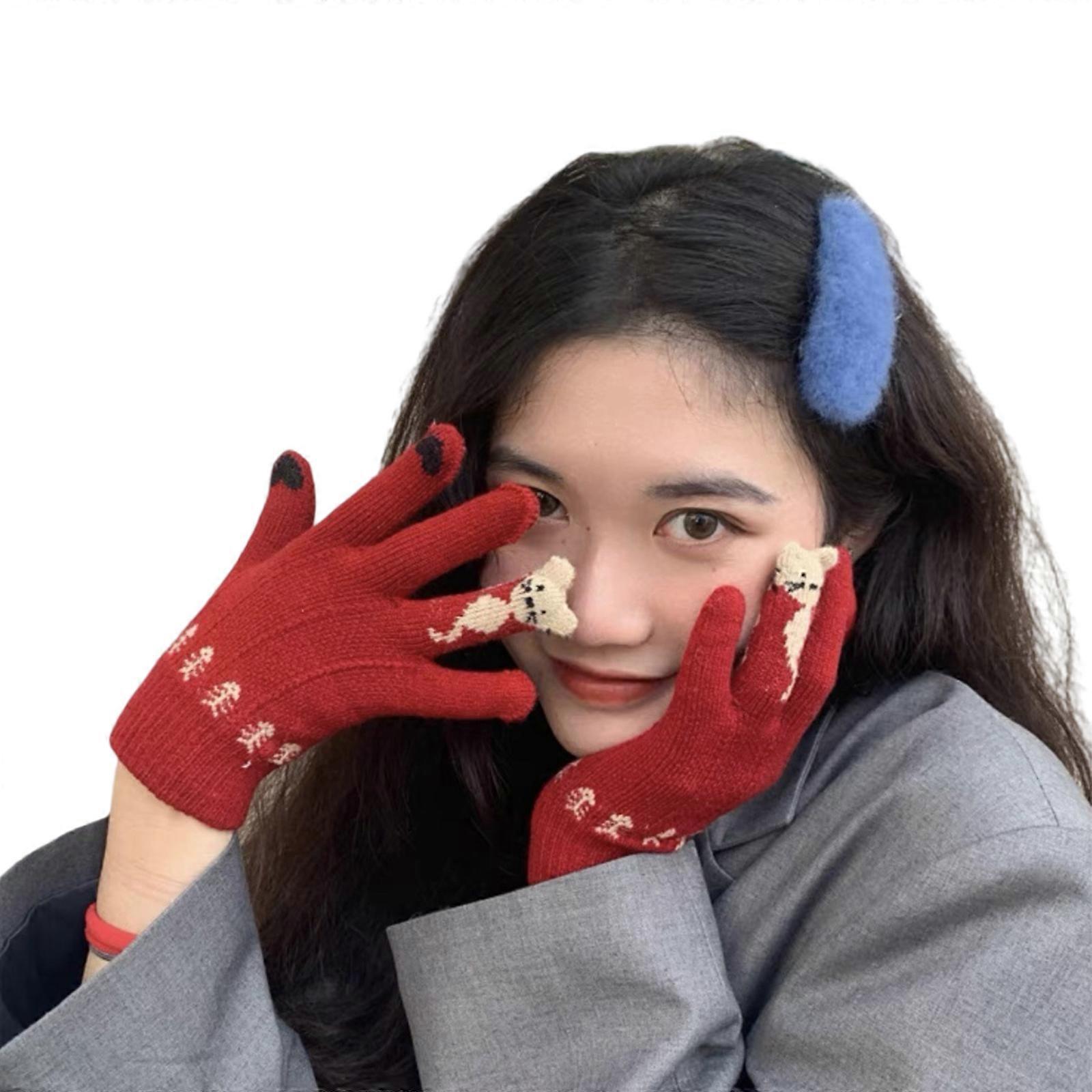 Fashion Cats Pattern Winter Gloves with Screen Touch Fingers Knitted Hand Gloves Comfortable Windproof for Everyday Use Red