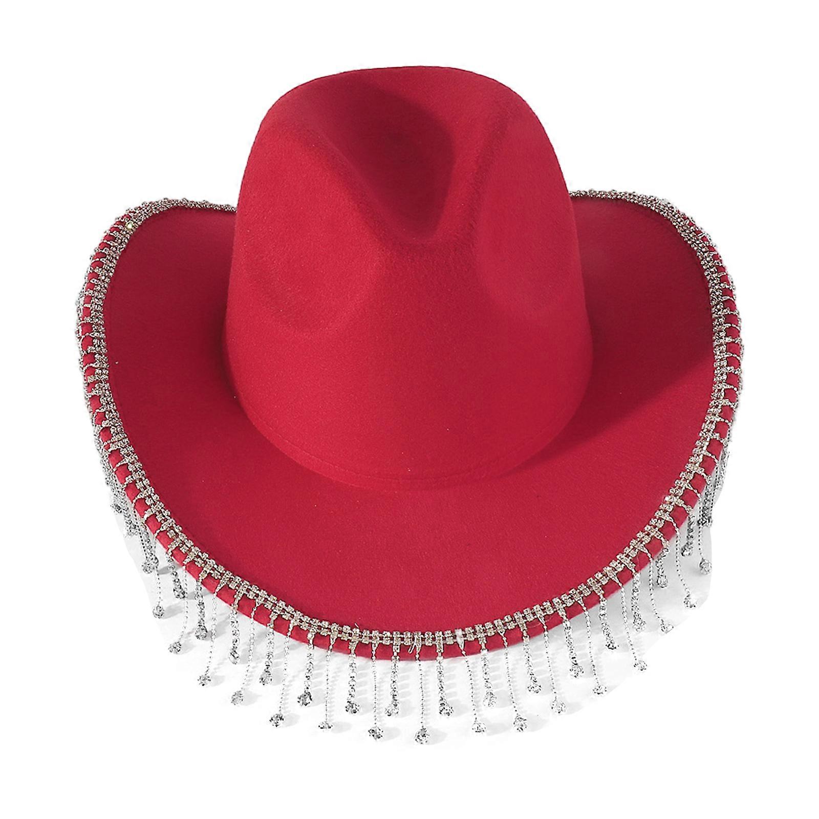 Chapeau en jean unisexe à la mode avec des strass glamour et des franges accrocheuses adapté à toutes les occasions Rouge