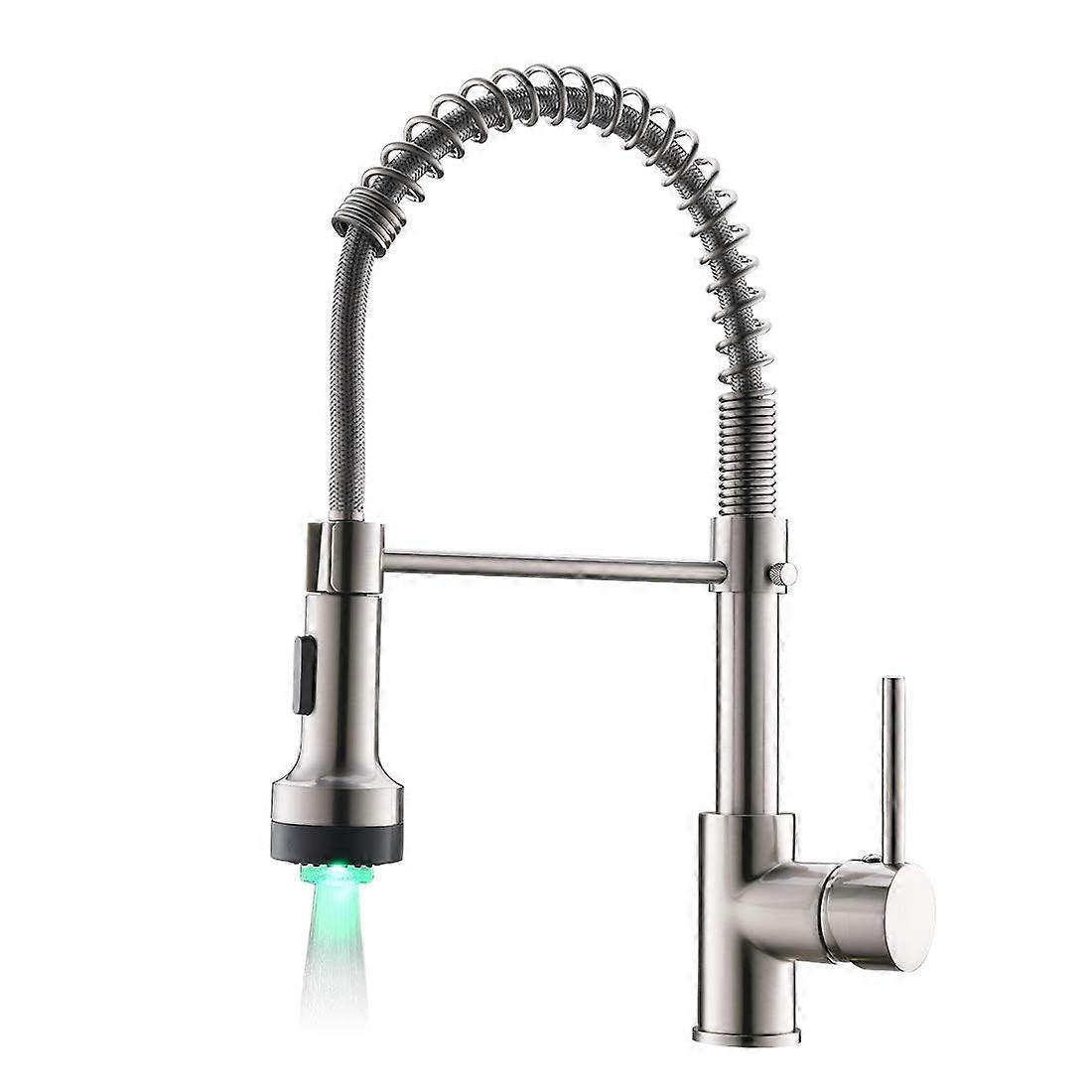 Modern Kitchen Faucet Pull-Down Sprayer, Brushed Nickel Finish, Single-Handle Faucet LED Light