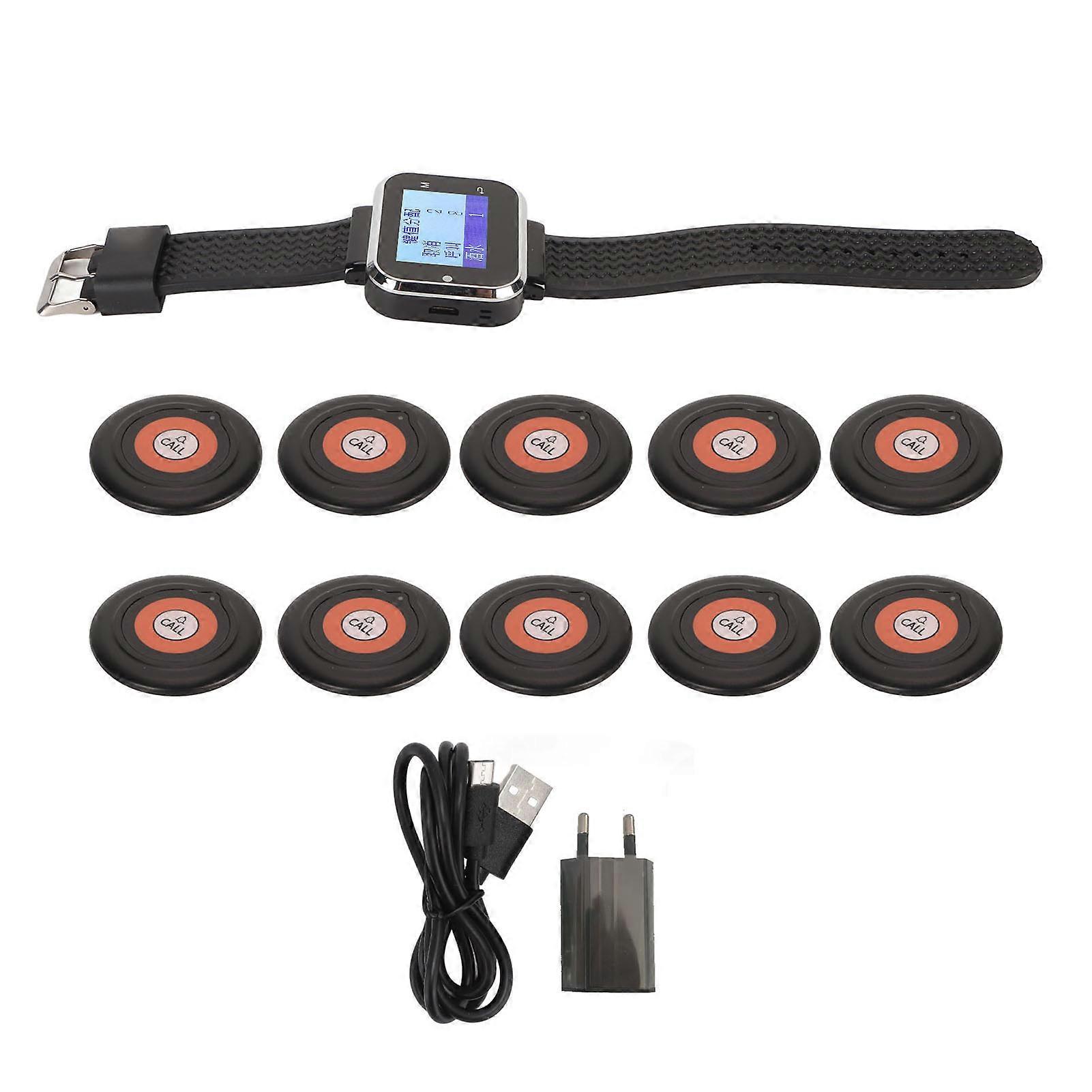 Wireless Calling System Rechargeable Watch Receiver with 10Pcs Call Buttons Vibration Buzzer for Restaurant