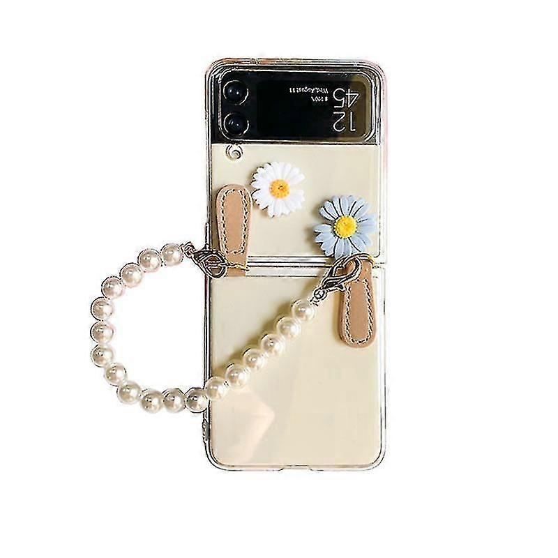 Transparent Daisy Flower Soft Phone Case Compatible With Samsung Galaxy Z Flip 3 With Pearl Bracelet