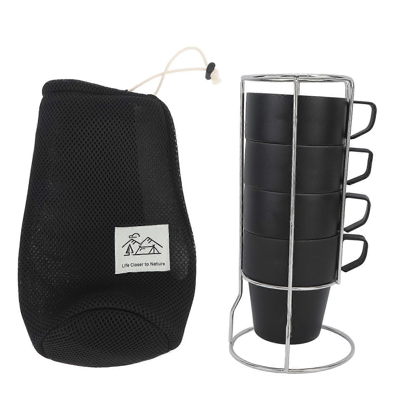 Coffee Cups Set Black Stackable Stainless Steel Double Layer Insulated Easy to Clean with Metal Stand for Camping