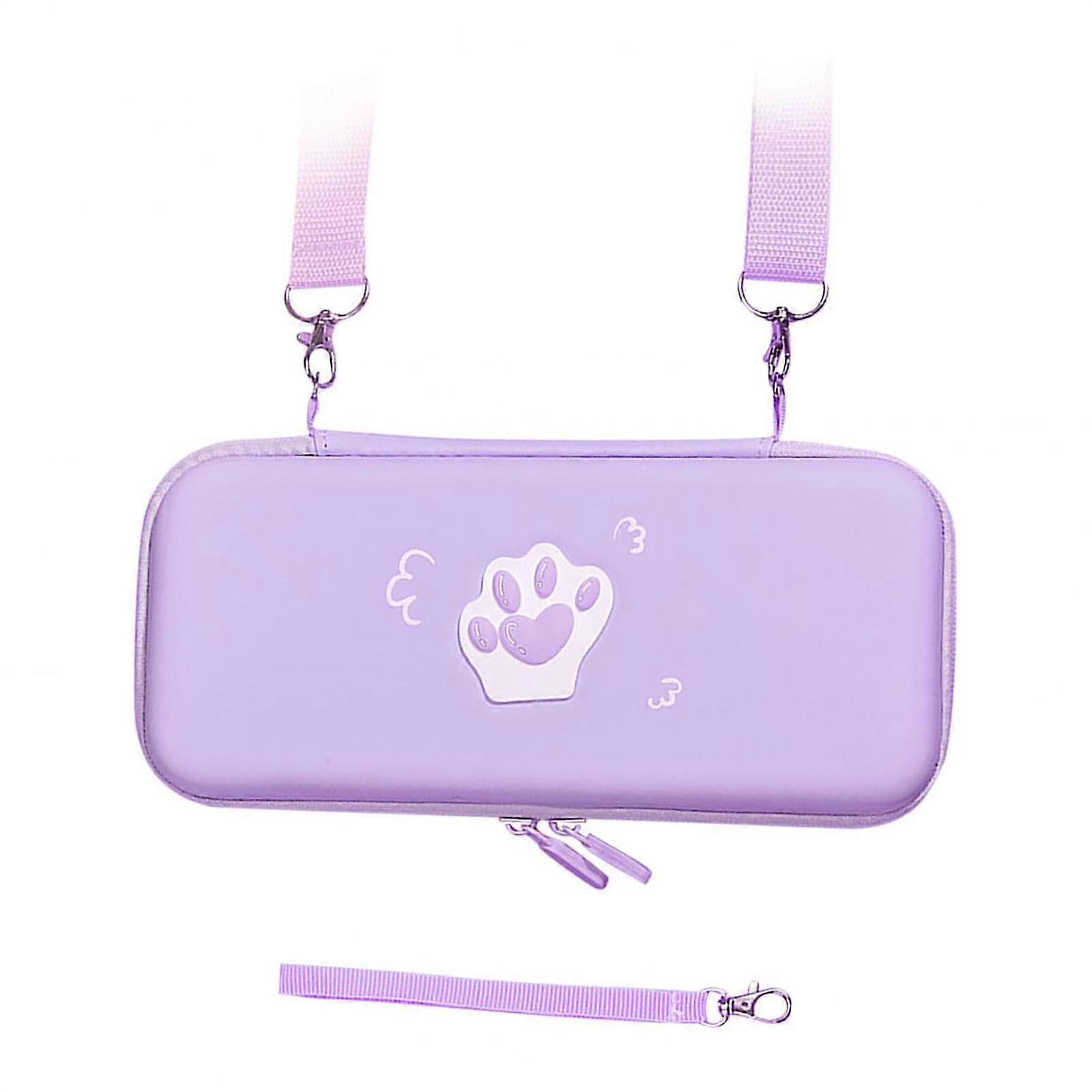Shockproof PU Leather Carrying Case for Switch Game Console, Cute Cat Paw Pattern Hard Shell, Purple