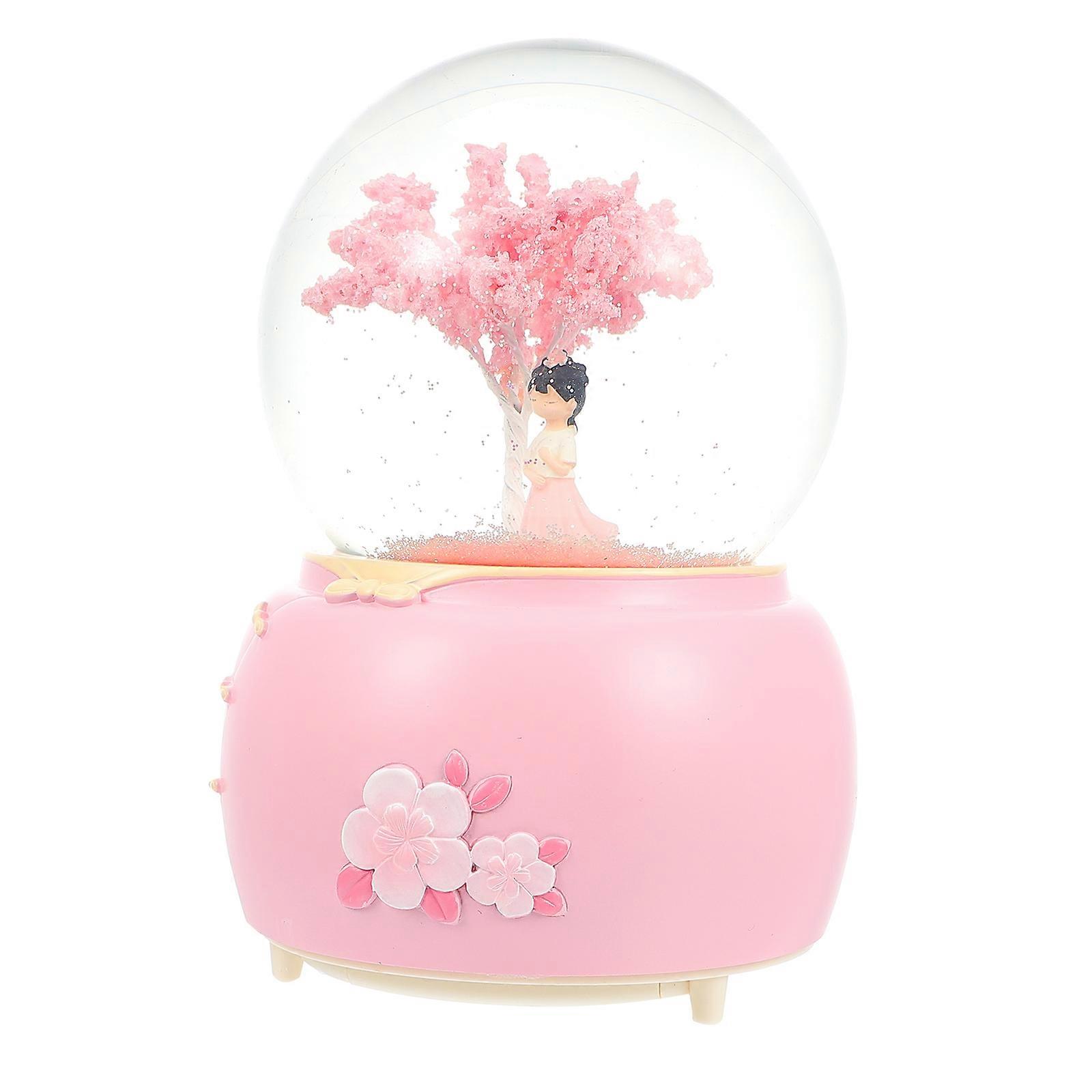 Musical Box Ornament Ancient Style Hanfu Girl Pink 15X10X10CM Luminous Snowflake Automatic Snow Falling 1PC