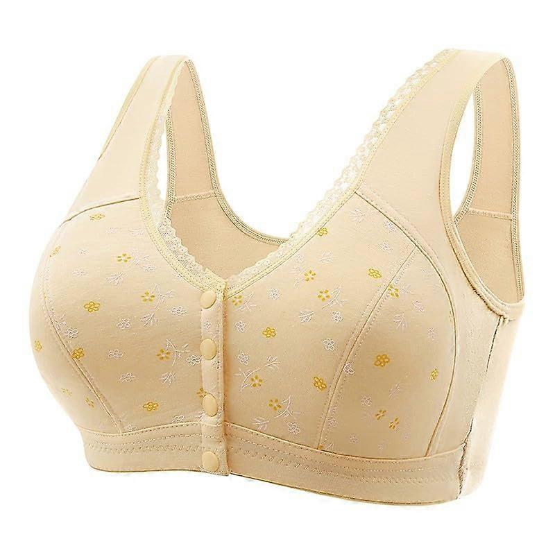 Sexy Women's Lace Front Bras with Button Shaping, Adjustable Straps, Large Size, Beige, S
