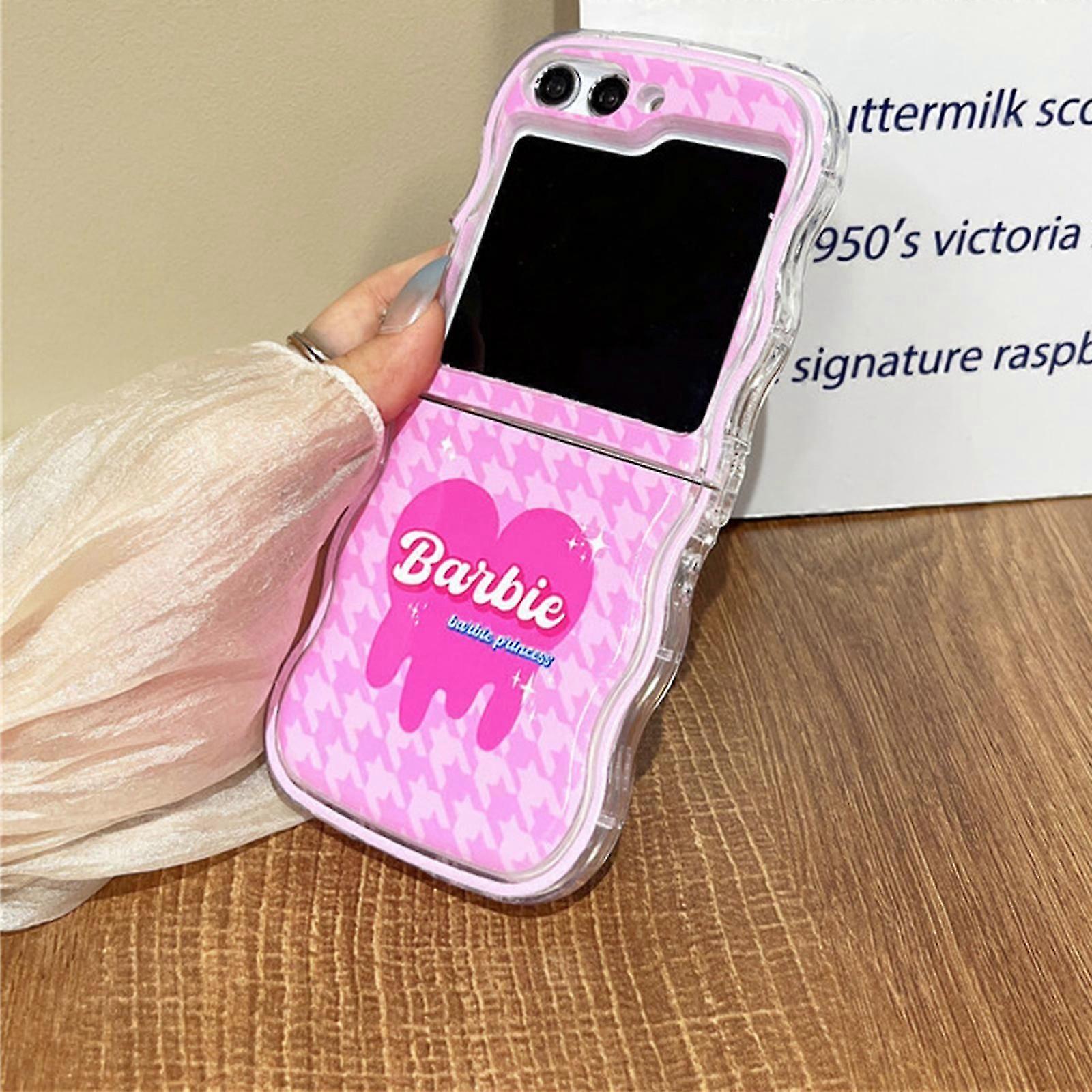 Zフリップ5かわいいケースウェーブエッジ透明、ピンクビーズチェーンリストストラップブラビーパターンTPUソフトラブリーファッション耐衝撃性カバー女性のための女の子