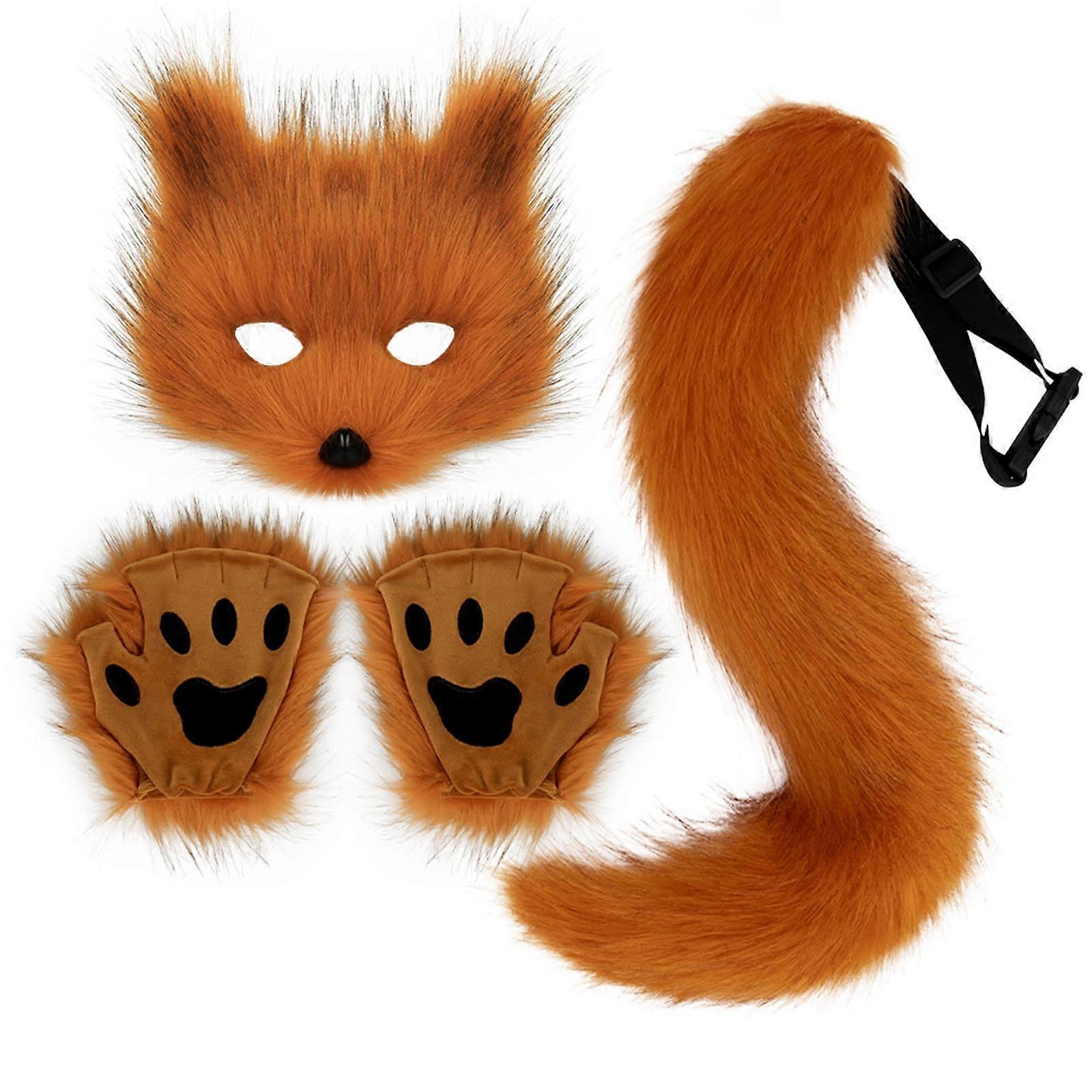 Wolf Fox Costume Set of 3 - Red Cosplay Fursuit with Clip Ears, Plush Gloves, and Furry Tail for Adult Halloween Party