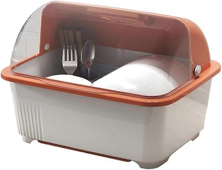 Over the Sink Dish Drying Rack with Hinged Lid, Kitchen Dish Rack, Versatile Draining Cupboard Organiser for Plates, Bowls, Cups and Utensils (Orange)