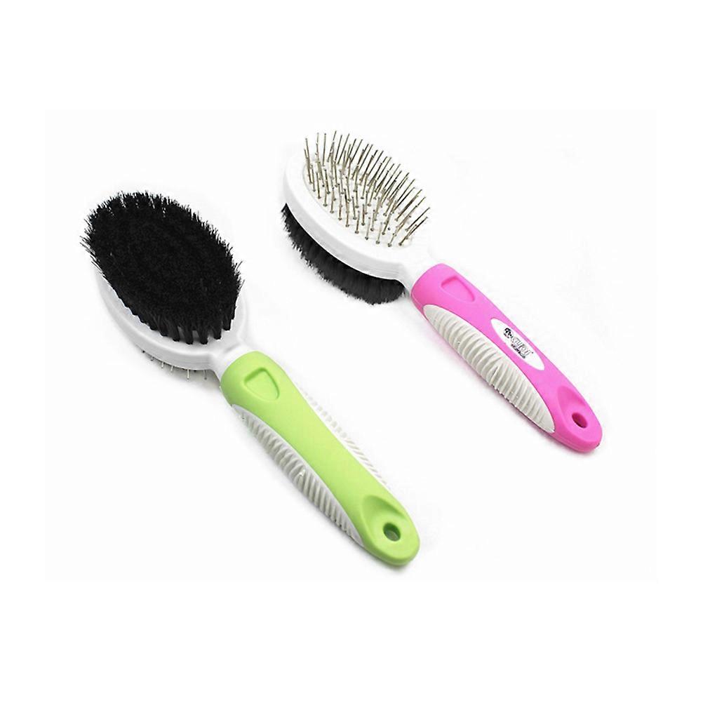 Double Sided Pet Brush for Grooming with ABS and Stainless Steel Comb and Ergonomic Handle 7.8 inches