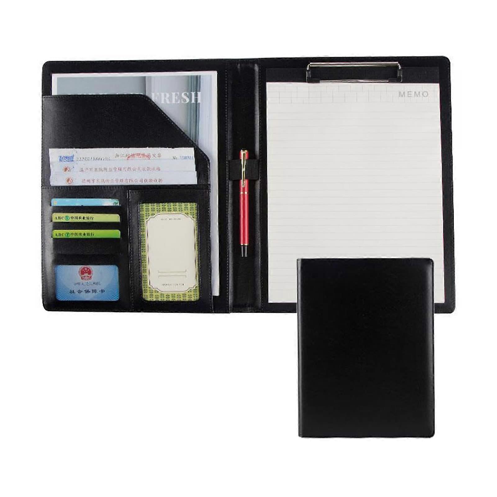 A4 PU Leather Document Folder Portfolio Conference Organizer Briefcase for Men and Women, Black, No Calculator